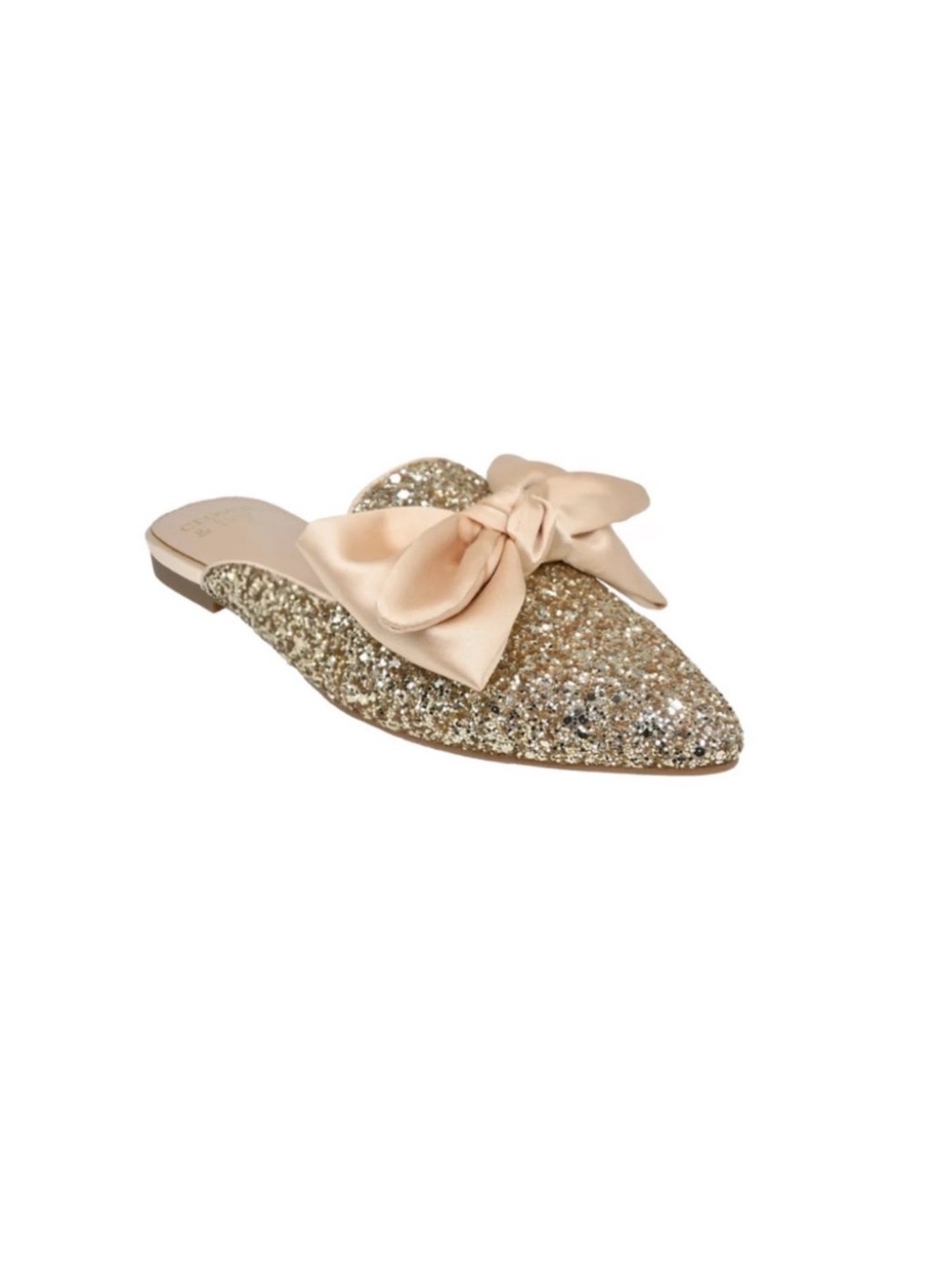 Crown & Ivy, NWT Elegant Gold Glitter Bow Mules with Bow, Size 8.5